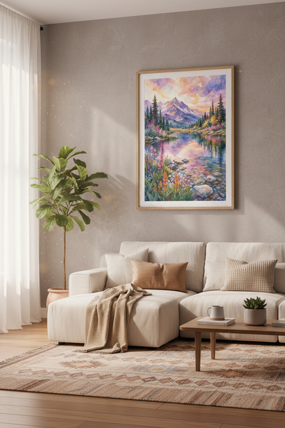Watercolor Mountain Lake Wall Art | Sunset Nature Print, Living Room Decor