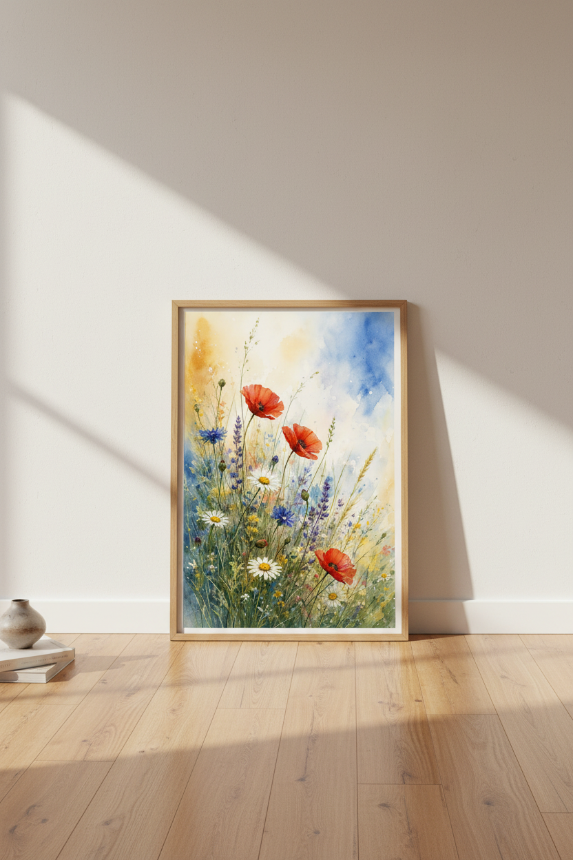 Wildflower Meadow Watercolor Print | Red Poppy &amp; Daisy Poster | Cottagecore Wall Art
