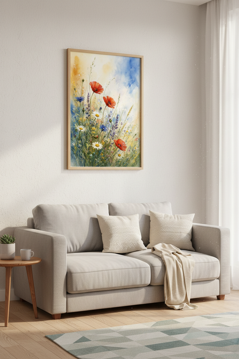 Wildflower Meadow Watercolor Print | Red Poppy &amp; Daisy Poster | Cottagecore Wall Art
