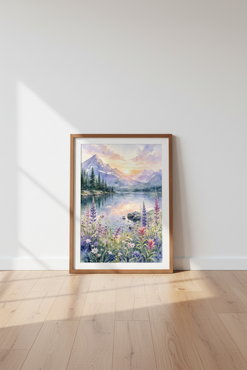 Mountain Lake Watercolor Art Print | Pastel Landscape, Nature Living Room Decor