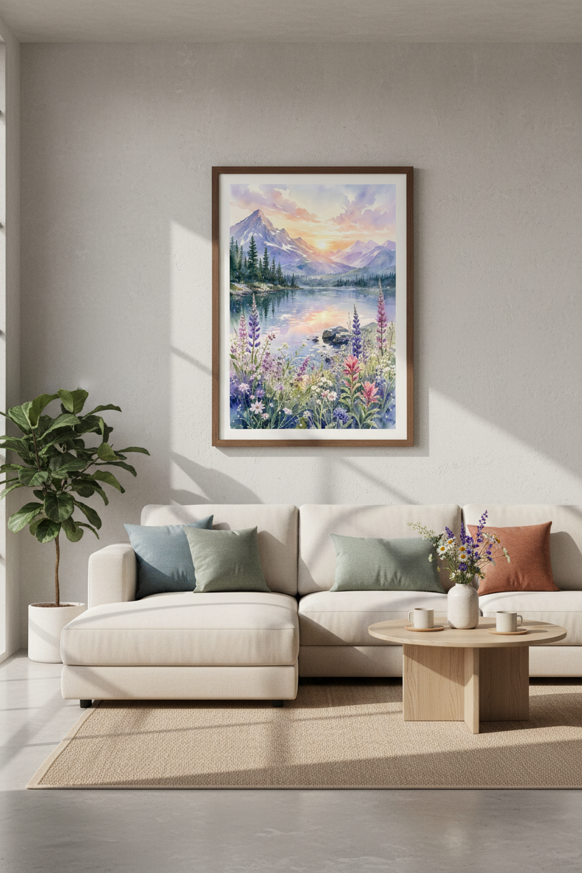 Mountain Lake Watercolor Art Print | Pastel Landscape, Nature Living Room Decor