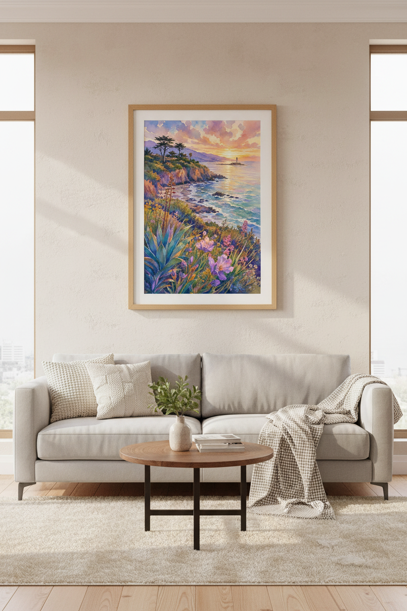 Coastal Sunset Lighthouse Wall Art | Pastel Watercolor Scene, Beach House Decor