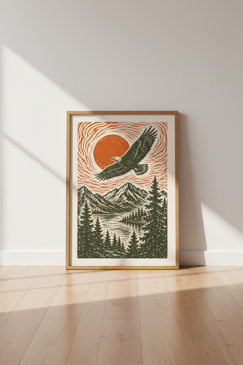 Eagle Mountain Woodcut Print | Rustic Nature Landscape, Cabin Decor Poster