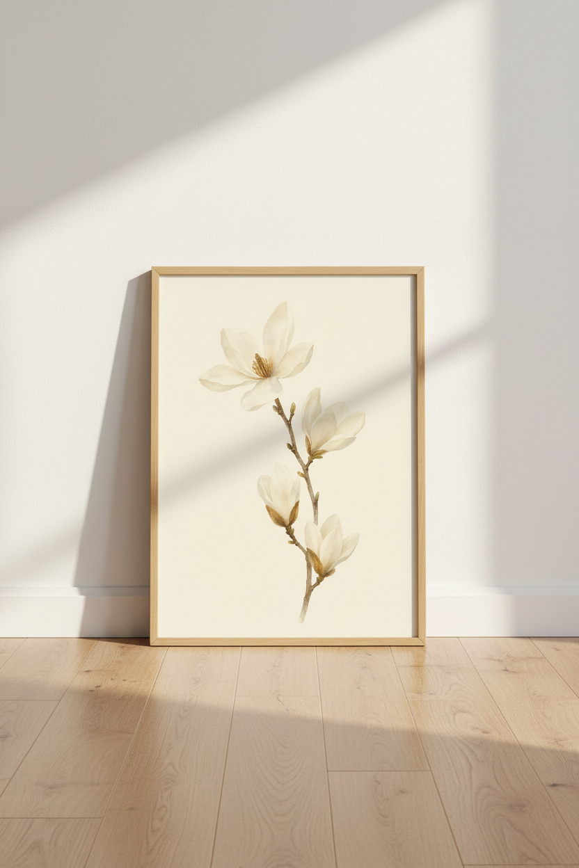 White Magnolia Watercolor Wall Art Print | Neutral Floral Decor | Botanical Poster