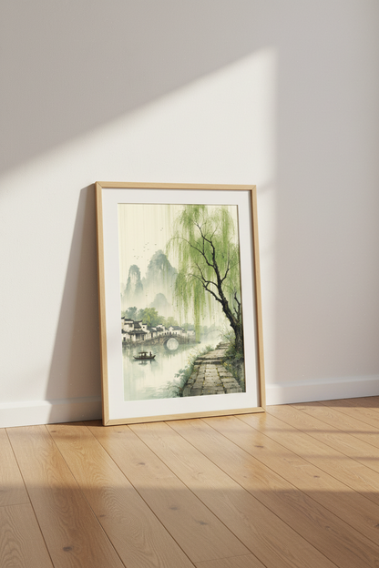 Japanese Willow Tree Landscape Wall Art | Zen Nature Decor | Asian Style Poster