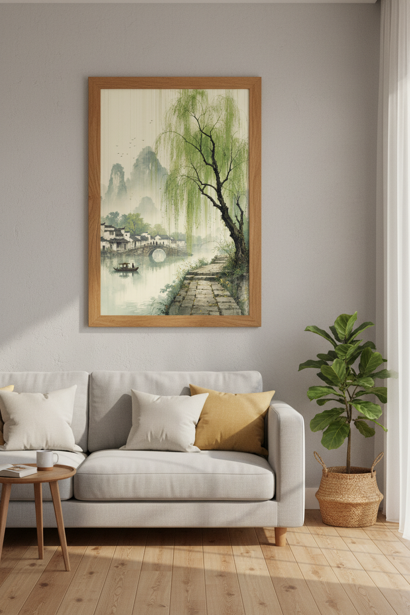 Japanese Willow Tree Landscape Wall Art | Zen Nature Decor | Asian Style Poster