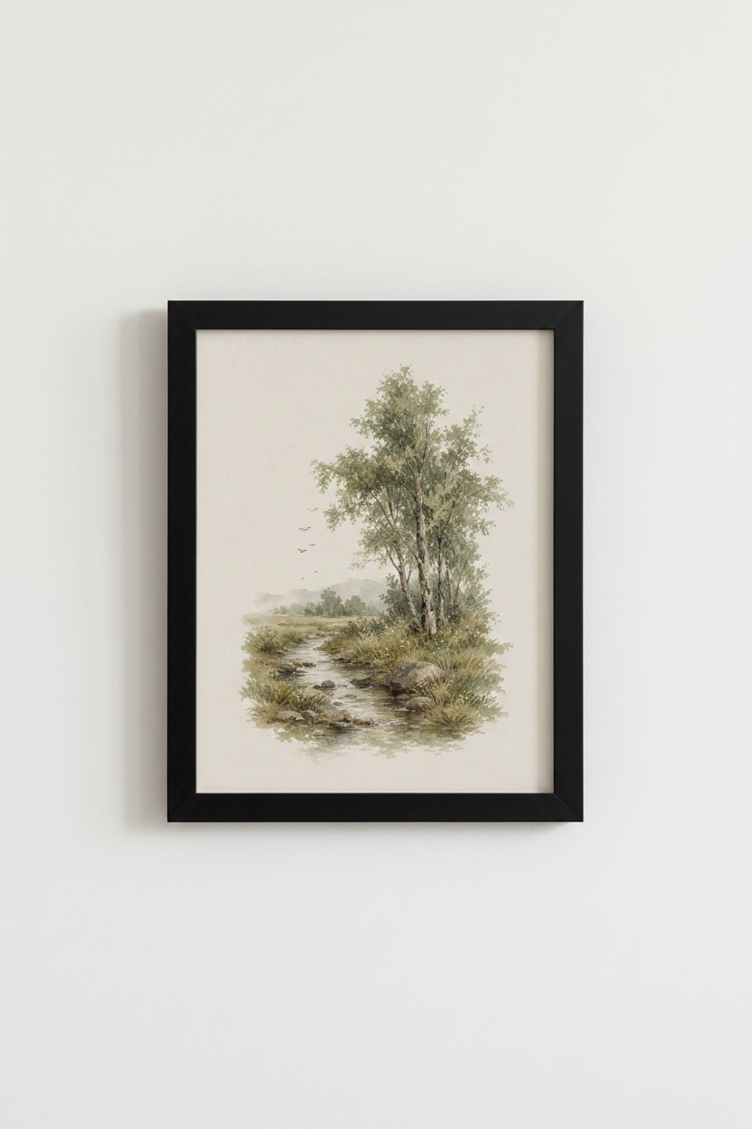 Vintage Landscape Watercolor | Sage Green Tree Print, Farmhouse Wall Art