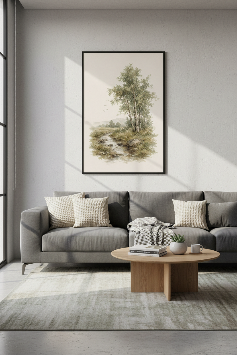 Vintage Landscape Watercolor | Sage Green Tree Print, Farmhouse Wall Art