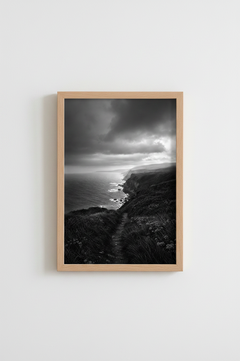 Moody Coastal Wall Art Print | Black and White Ocean Cliff Poster | Dark Seascape Decor