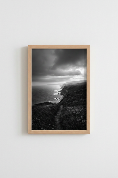Moody Coastal Wall Art Print | Black and White Ocean Cliff Poster | Dark Seascape Decor