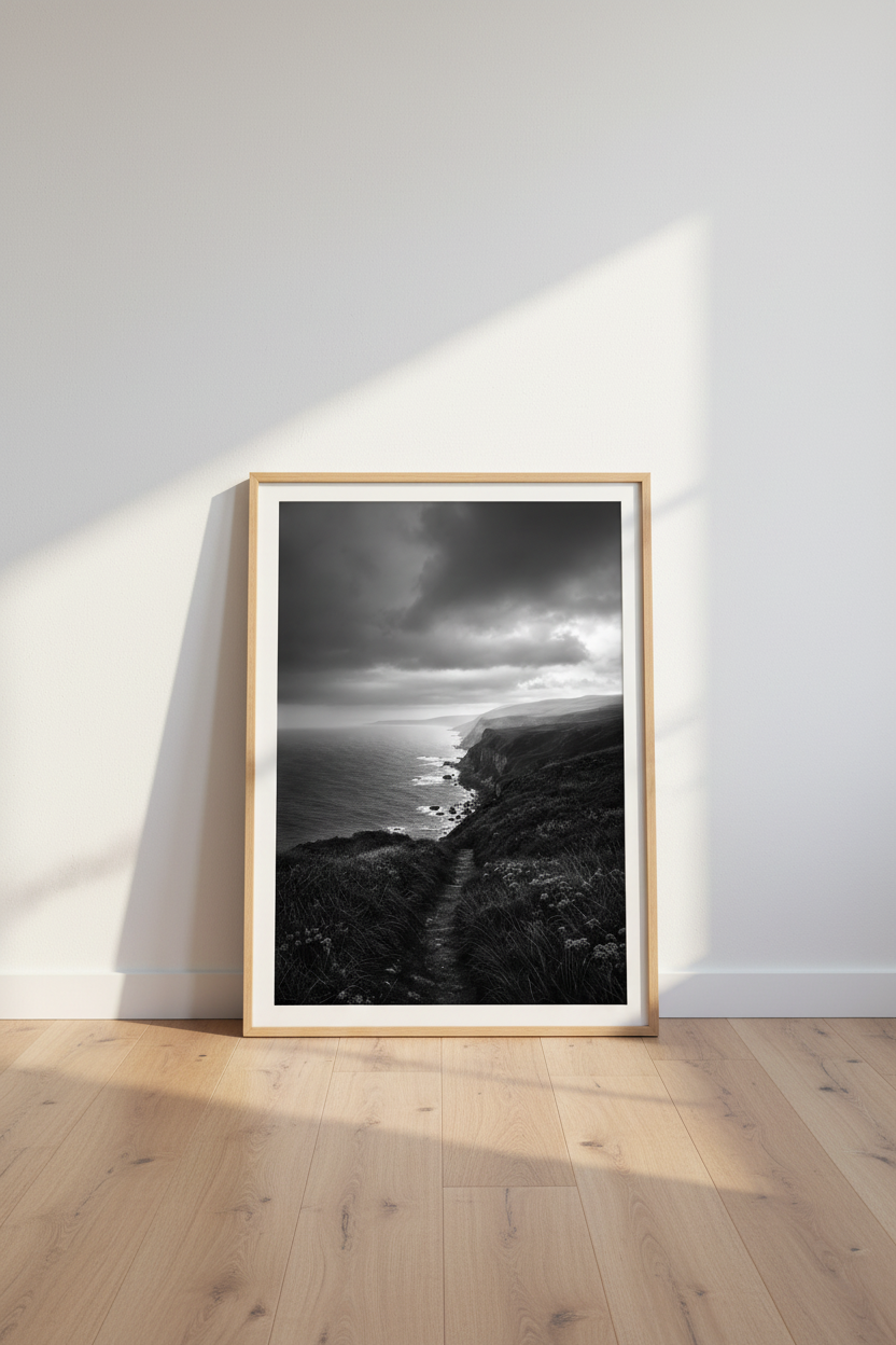 Moody Coastal Wall Art Print | Black and White Ocean Cliff Poster | Dark Seascape Decor