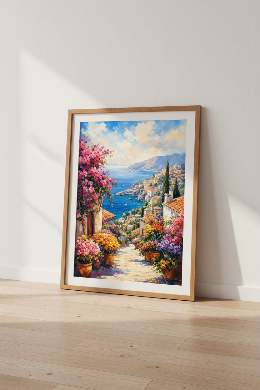 Amalfi Coast Italy Wall Art | Mediterranean Coastal Decor | Impasto Poster