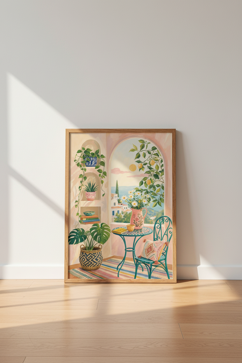 Mediterranean Patio Art | Coastal Pastel Pink &amp; Teal Decor, Greek Island Poster