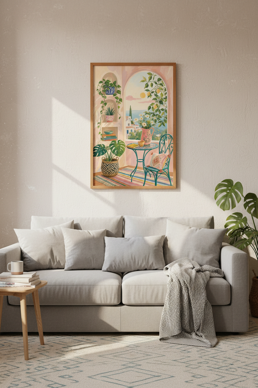 Mediterranean Patio Art | Coastal Pastel Pink &amp; Teal Decor, Greek Island Poster