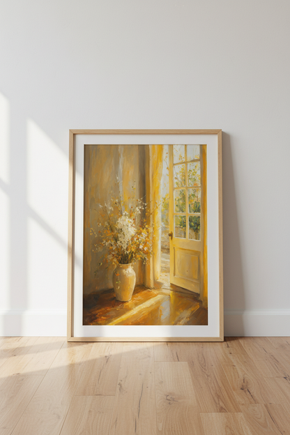 Sunlit Flower Vase Oil Painting | Warm Golden Decor, Living Room Wall Art
