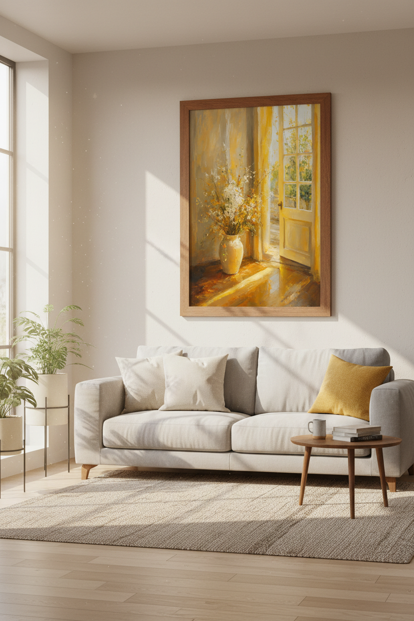 Sunlit Flower Vase Oil Painting | Warm Golden Decor, Living Room Wall Art