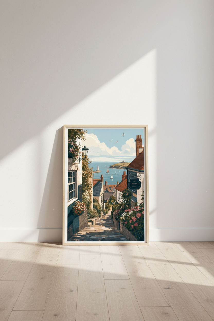 Coastal Village Scene Wall Art | Seaside Harbor Poster, Mediterranean Decor