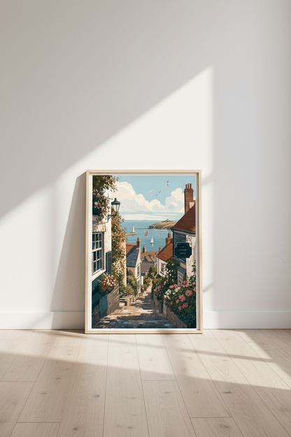 Coastal Village Scene Wall Art | Seaside Harbor Poster, Mediterranean Decor