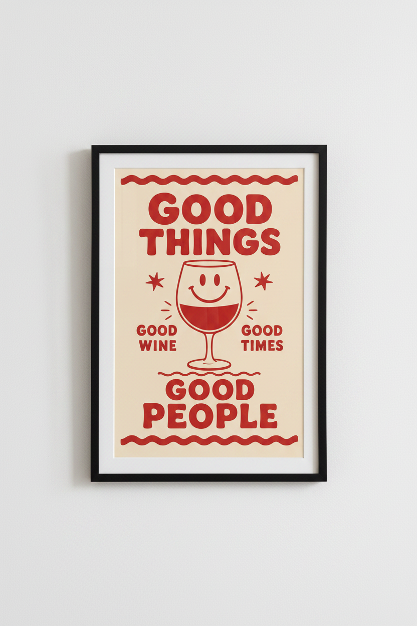 Retro Kitchen Poster | Red Wine Glass Art, Vintage Typography Dining Decor