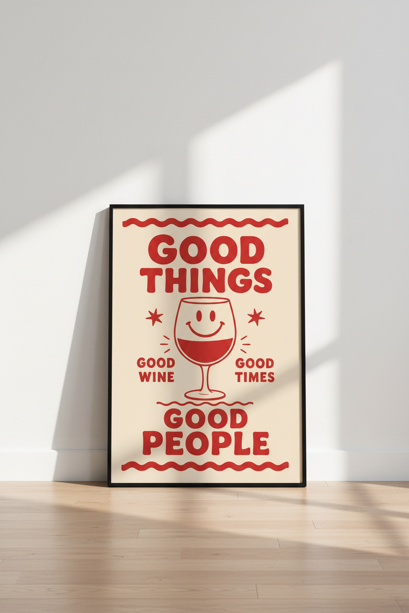 Retro Kitchen Poster | Red Wine Glass Art, Vintage Typography Dining Decor