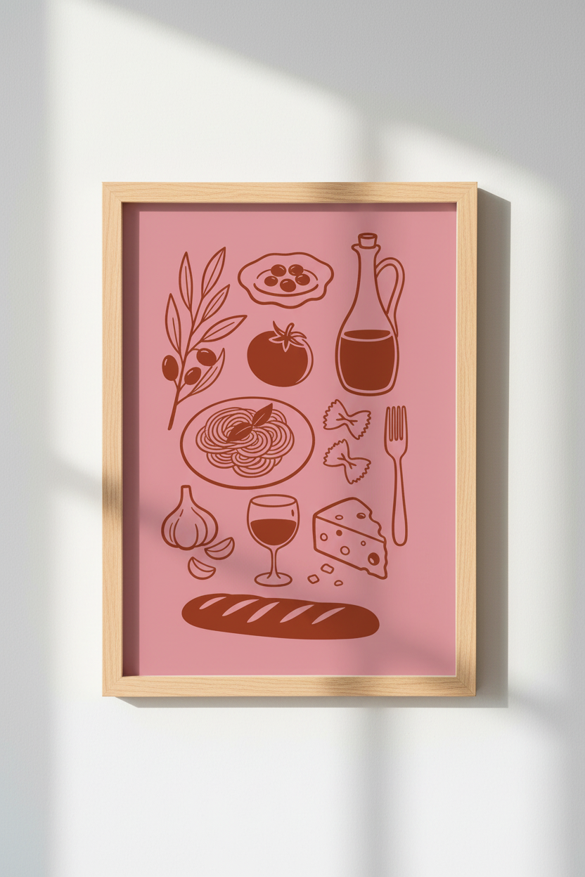 Pasta Wall Art | Minimal Line Pink Kitchen Decor | Modern Poster