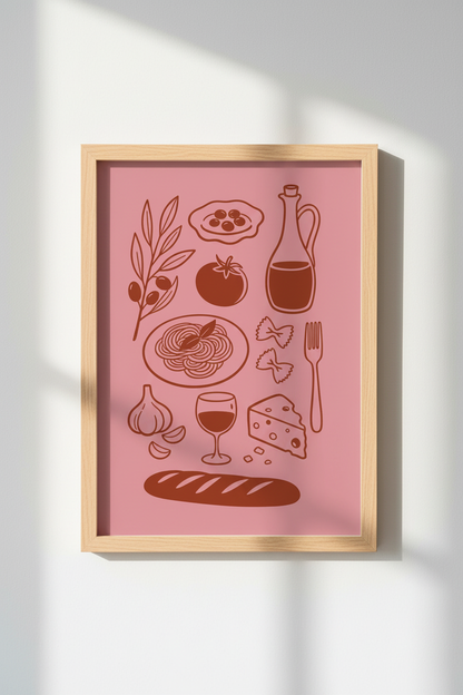 Pasta Wall Art | Minimal Line Pink Kitchen Decor | Modern Poster