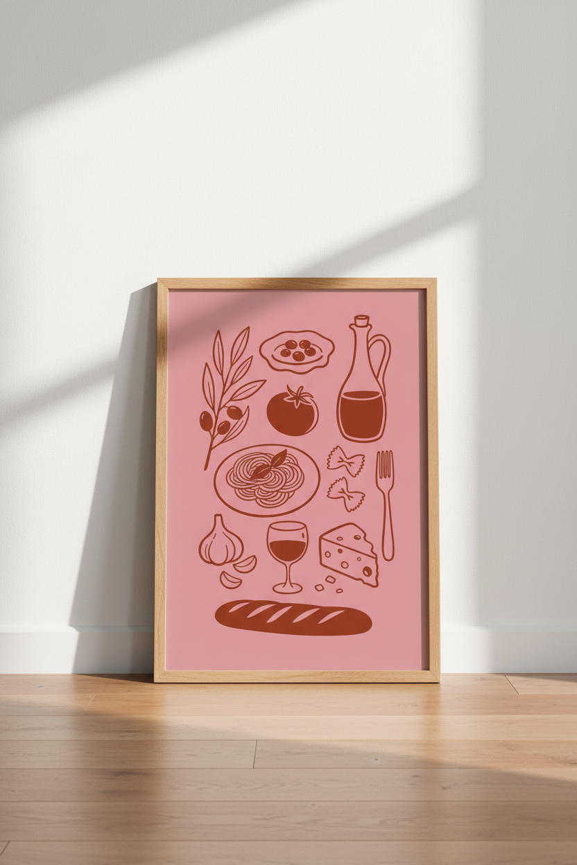 Pasta Wall Art | Minimal Line Pink Kitchen Decor | Modern Poster