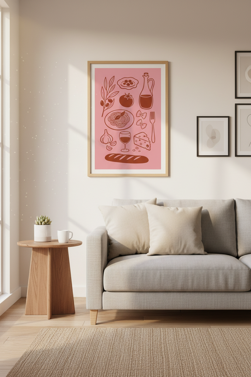 Pasta Wall Art | Minimal Line Pink Kitchen Decor | Modern Poster