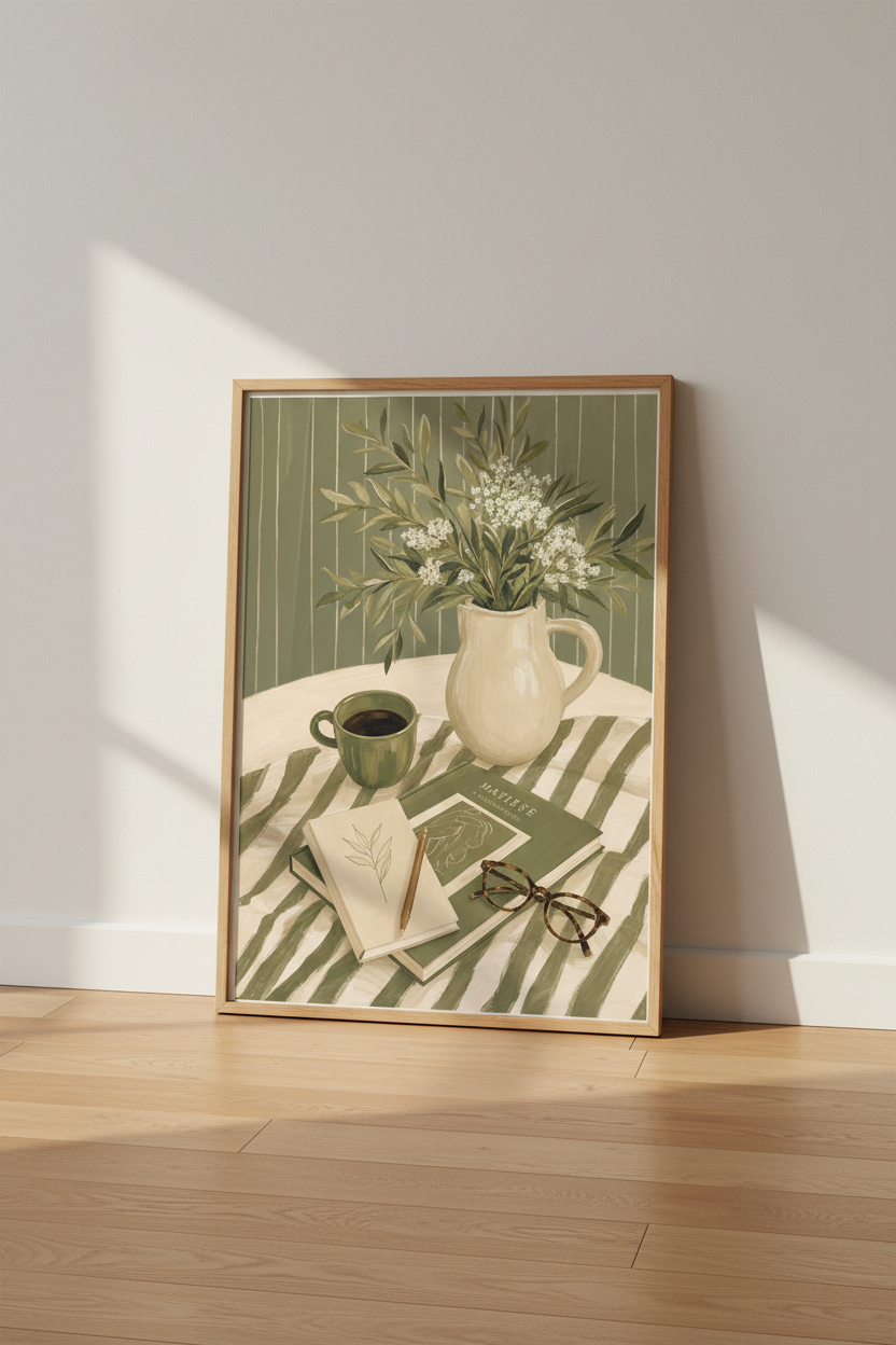 Sage Green Still Life Wall Art | Matisse Book &amp; Coffee Poster | Minimalist Kitchen Decor