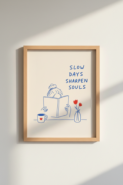 Slow Living Quote Wall Art | Minimalist Reader Decor | Blue &amp; Red Poster