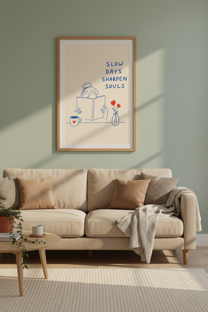Slow Living Quote Wall Art | Minimalist Reader Decor | Blue &amp; Red Poster