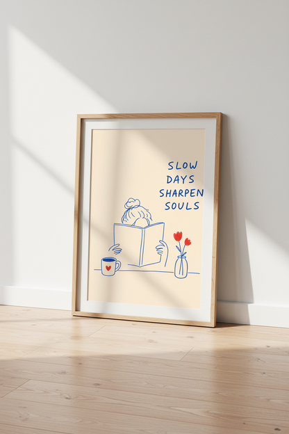 Slow Living Quote Wall Art | Minimalist Reader Decor | Blue &amp; Red Poster