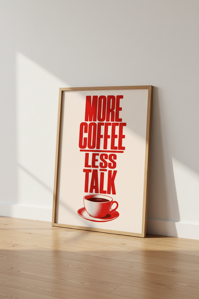 More Coffee Less Talk Wall Art | Red Typography Poster | Kitchen Cafe Decor