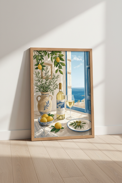 Italian Wine &amp; Lemon Still Life Art | Coastal Kitchen Decor | Mediterranean Poster