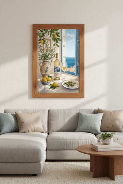 Italian Wine &amp; Lemon Still Life Art | Coastal Kitchen Decor | Mediterranean Poster