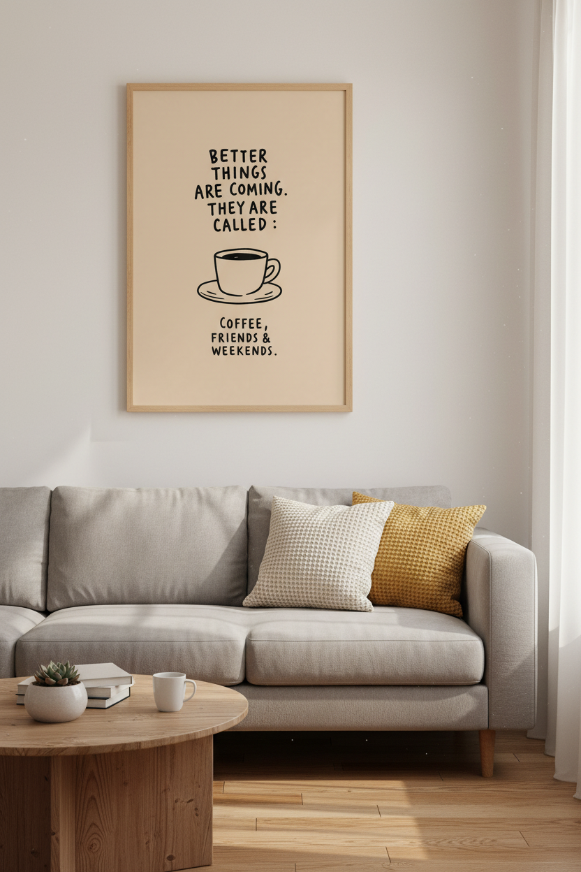 Funny Coffee Quote Wall Art | Neutral Beige Kitchen Decor | Minimalist Poster