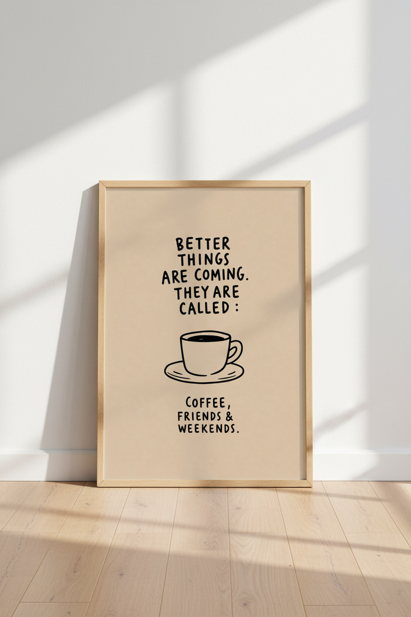 Funny Coffee Quote Wall Art | Neutral Beige Kitchen Decor | Minimalist Poster