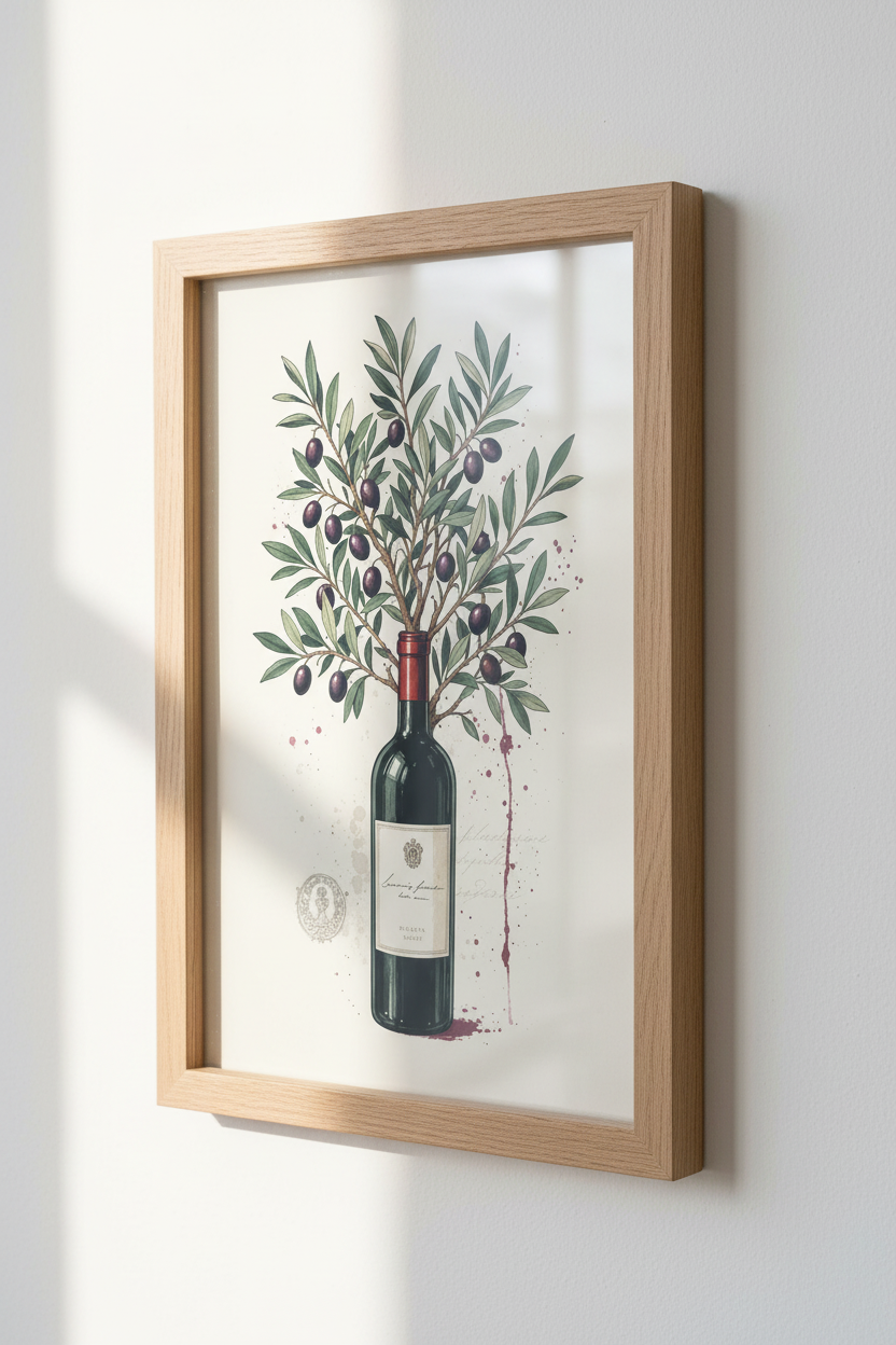 Wine Bottle &amp; Olive Tree Wall Art | Kitchen Decor | Mediterranean Aesthetic Poster