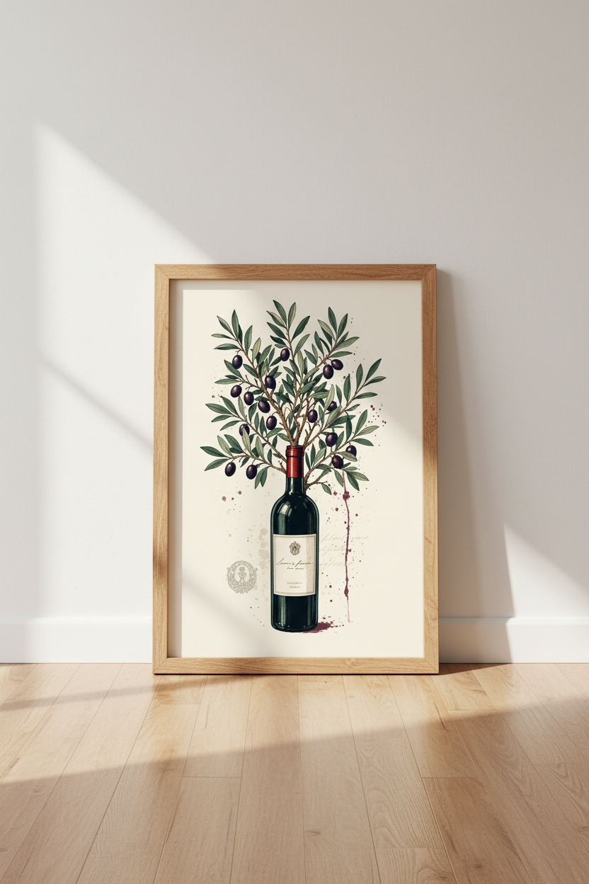 Wine Bottle &amp; Olive Tree Wall Art | Kitchen Decor | Mediterranean Aesthetic Poster