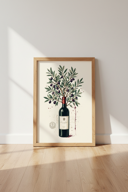 Wine Bottle &amp; Olive Tree Wall Art | Kitchen Decor | Mediterranean Aesthetic Poster