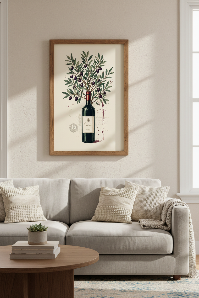 Wine Bottle &amp; Olive Tree Wall Art | Kitchen Decor | Mediterranean Aesthetic Poster