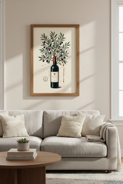 Wine Bottle &amp; Olive Tree Wall Art | Kitchen Decor | Mediterranean Aesthetic Poster