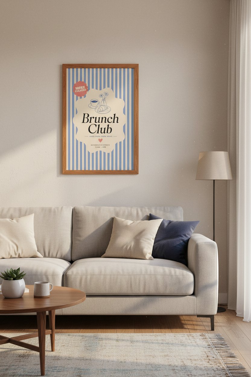 Brunch Club Retro Wall Art | Blue Striped Kitchen &amp; Dining Decor | Parisian Aesthetic
