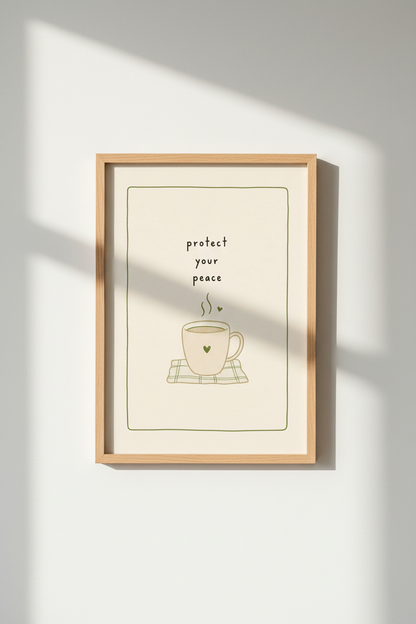 Protect Your Peace Wall Art | Sage Green Tea Mug, Minimalist Self Care Decor