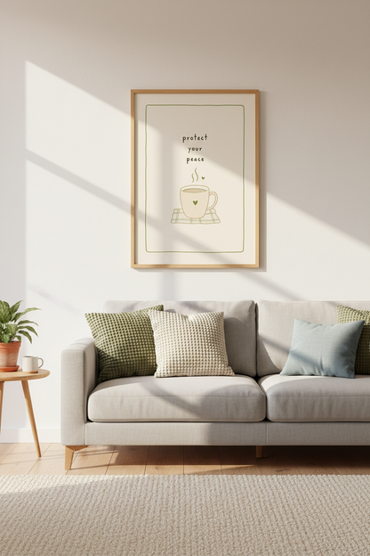 Protect Your Peace Wall Art | Sage Green Tea Mug, Minimalist Self Care Decor