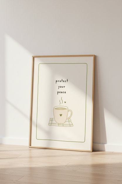 Protect Your Peace Wall Art | Sage Green Tea Mug, Minimalist Self Care Decor
