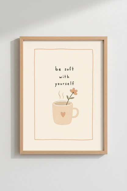 Be Soft With Yourself Quote Wall Art | Boho Coffee Mug Poster, Self Care Decor