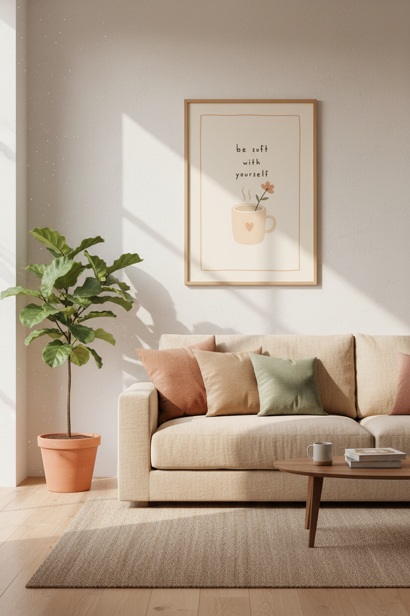 Be Soft With Yourself Quote Wall Art | Boho Coffee Mug Poster, Self Care Decor