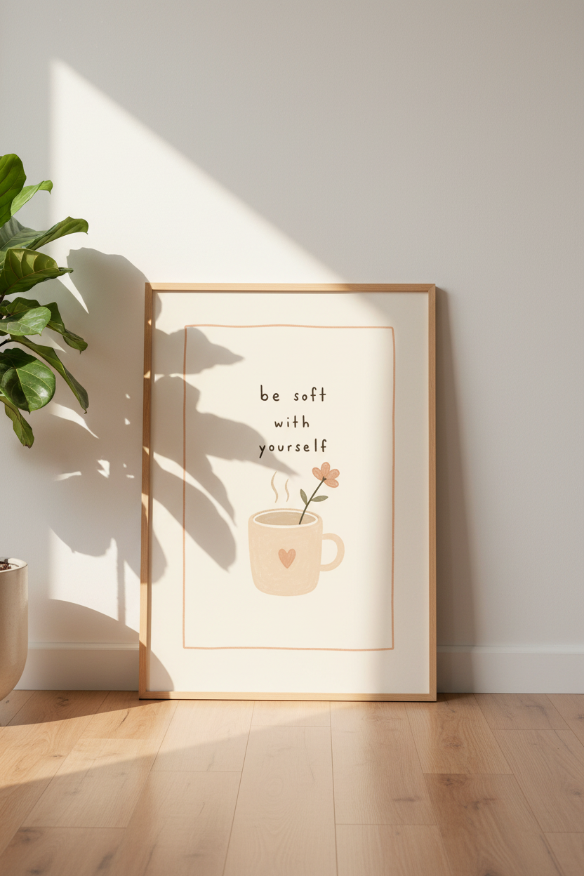 Be Soft With Yourself Quote Wall Art | Boho Coffee Mug Poster, Self Care Decor