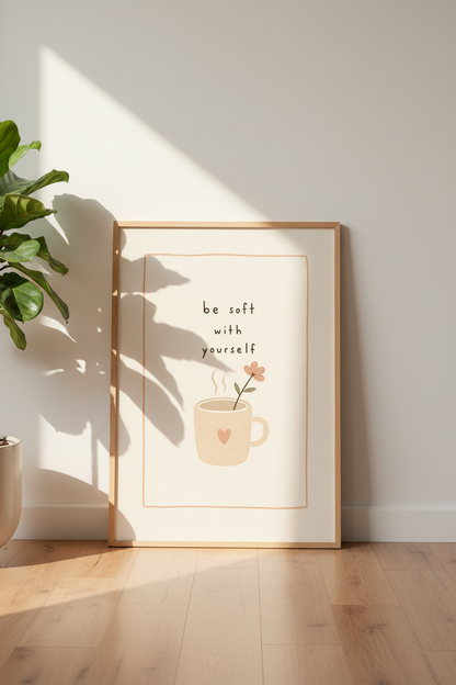Be Soft With Yourself Quote Wall Art | Boho Coffee Mug Poster, Self Care Decor
